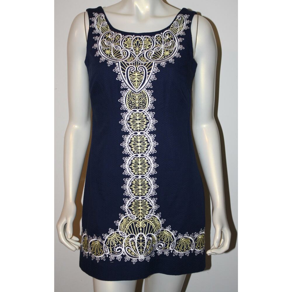 Lilly Pulitzer Delia Dress 4 Navy Shift Tunic Embroidered Front White Yellow